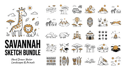 Savannah sketch bundle of hand drawn vector landscapes and animals, African safari line art icons, wild wildlife doodle collection © image stock