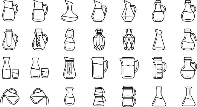 Food and Drink Kitchenware Jugs, Pitchers, and Bottles Outline Icons Set. Simple Black and White Line Art Collection of Liquid Containers.