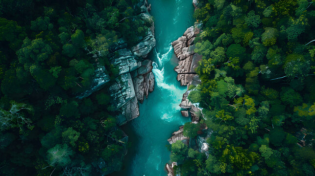 Ai generated aerial view of a turquoise river flowing through a dense tropical rainforest and rocky canyon nafakhum amiakhum waterfalls