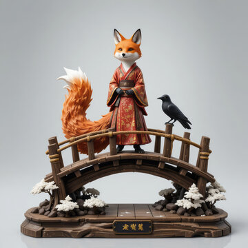 Figurine of an anthropomorphic fox in traditional japanese clothing standing on a wooden bridge with a crow.