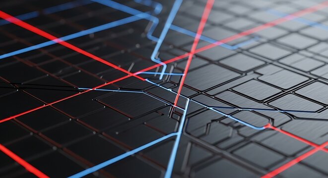Geometric grid lines on black background.