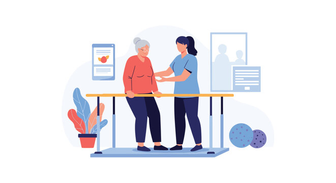 Professional female therapist assisting an elderly woman walking on parallel bars during a rehabilitation session in a bright medical clinic.