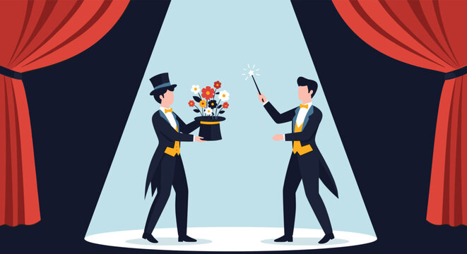 Two elegant magicians in tuxedos and top hats performing a classic magic trick with a bouquet of flowers on a stage under a bright spotlight.
