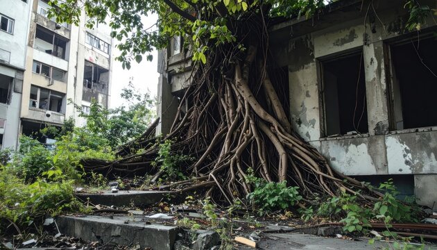 Abandoned apartment building overtaken by large tree roots.