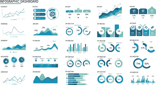 Infographic dashboard vector with charts graphs KPI metrics and data visualization elements for business analytics reports and performance monitoring presentation