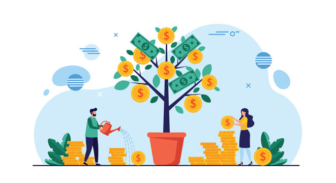 Man and woman taking care of a growing money tree in a pot by watering it and collecting golden coins representing financial growth and investment.