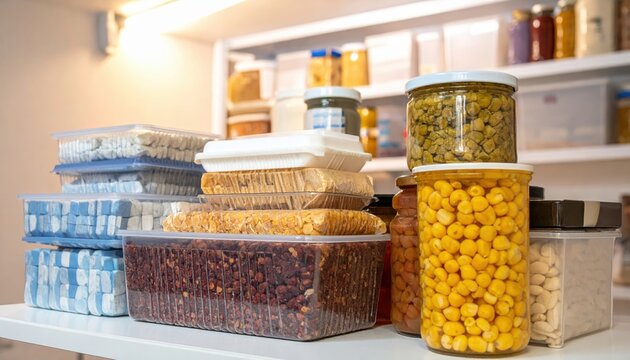 Organized pantry of non-perishable food items including jars of beans and nuts, showcasing preparedness and sustenance