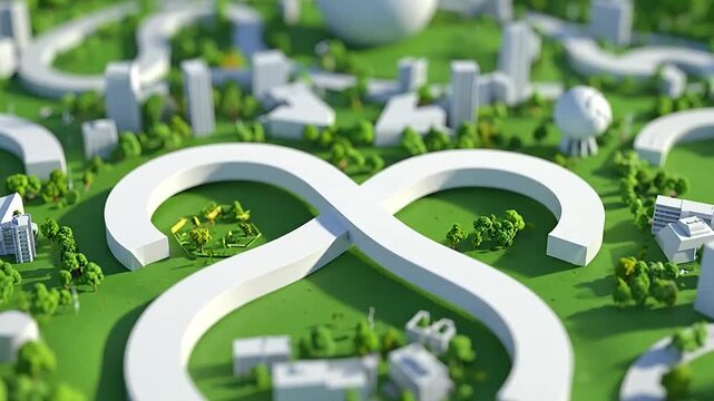 A miniature model of a modern city with green spaces and paths