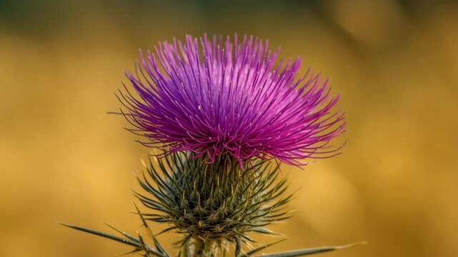 Close up of a vibrant purple milk thistle flower blooming in a sunny meadow
