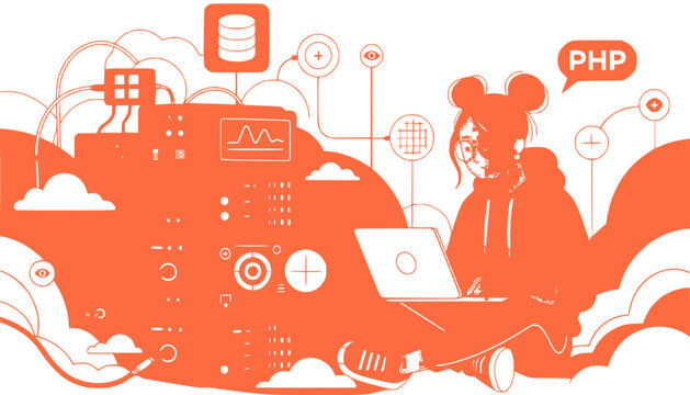 Woman Coding PHP with Laptop and Cloud Database Icons, Flat Design