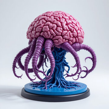 Surreal 3d sculpture of a biological brain with purple tentacles and blue rootlike base isolated on white background.