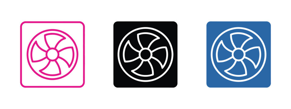 Exhaust fan icon set front view with blades in square frame, including outline and solid versions. Professional ventilation and airflow symbols for HVAC services, climate control technology, home 