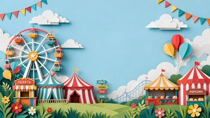 Fototapeta premium Paper Craft 3D Layer Amusement Park Carnival with Ferris Wheel and Circus Tents for Summer Holiday Kids Event Banner, Festival Fair Celebration Announcement Layout, and Blue Sky Background