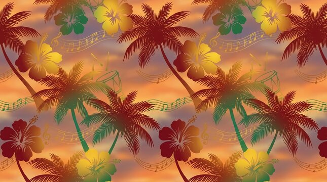 Tropical Reggae Seamless Pattern with Palm Leaves, Sunset Elements and Jamaican Red Gold Green Island Background