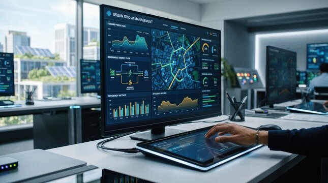 Urban grid AI management dashboard displaying energy flow maps and demand prediction charts on monitor in smart city control center
