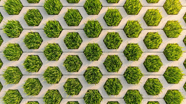 Top view of hexagonal concrete grass pavers with lush green grass growing through holes, sustainable urban drainage system and eco-friendly landscaping design.