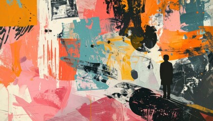 Fototapeta premium Abstract colorful painting with silhouette of person standing.