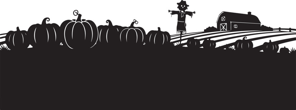 Black pumpkin patch, scarecrow, farm silhouette, rural landscape