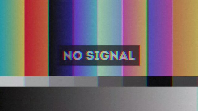 Retro television screen displaying a colorful test pattern with 'No Signal' message, indicating broadcast interruption or video error