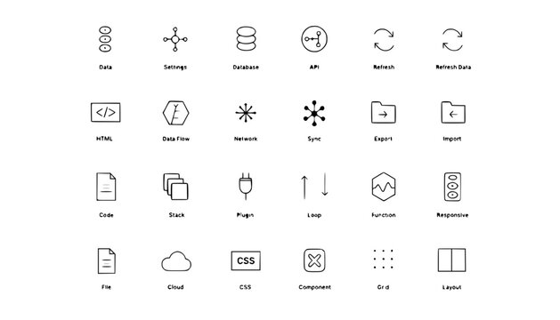 Abstract Technology Icons Set: Code, Data, Network, Cloud, CSS, UX/UI