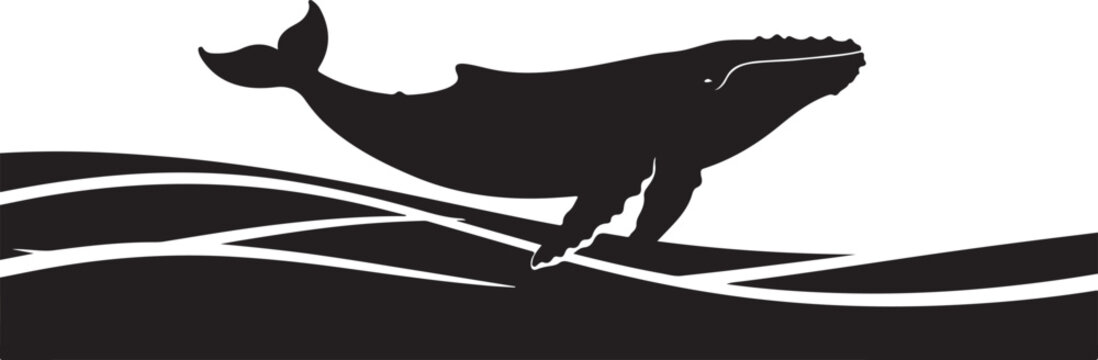 Black whale, ocean waves, silhouette icon
