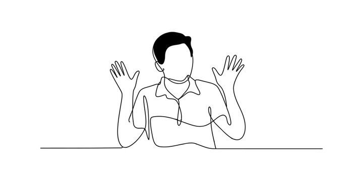 Man with hands up in surrender or greeting, continuous line drawing