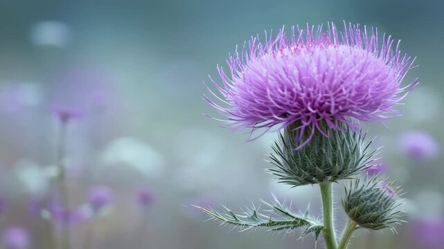 Close-up of a blooming purple milk thistle flower standing in a natural field