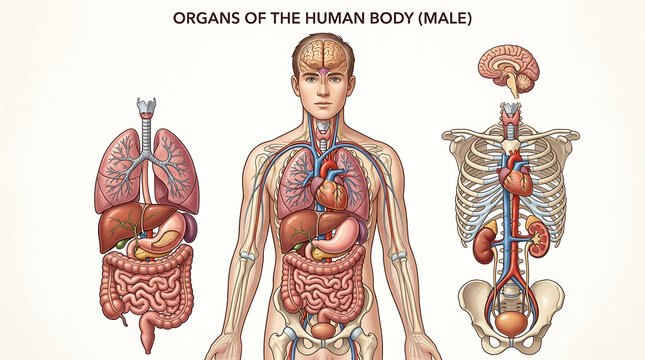 The human male body shows internal organs in detailed illustrations