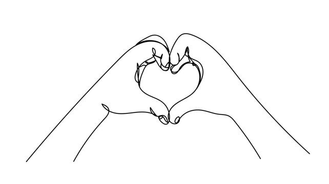 continuous line hands holding heart illustration. Minimal one line love concept design.