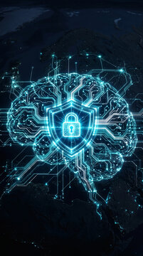 Futuristic 3D graphic of a human brain formed by glowing circuit board pathways with a secure digital shield and padlock icon in the center over a dark satellite earth map.
