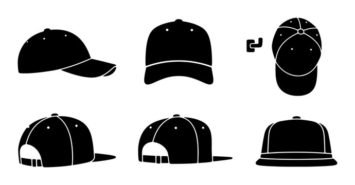 Black Baseball Cap Vector Icons, Six Views of Snapback and Fitted Hats, Headwear Fashion Accessories Set