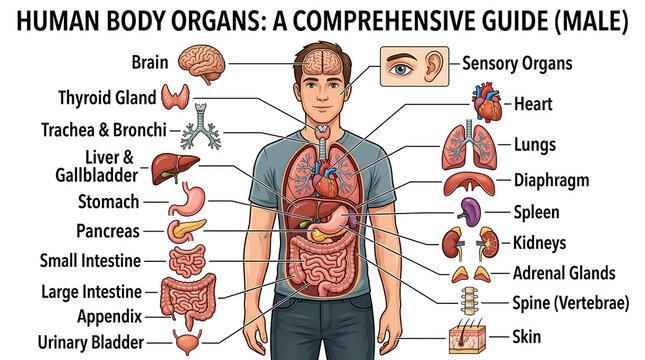 A male human body with labeled internal organs and systems visible
