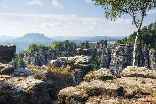 View of Wehlnadel, Bastei Bridge and Lilienstein, Elbe Sandstone Mountains, Rathen, Saxon Switzerland National Park, Saxony, Germany