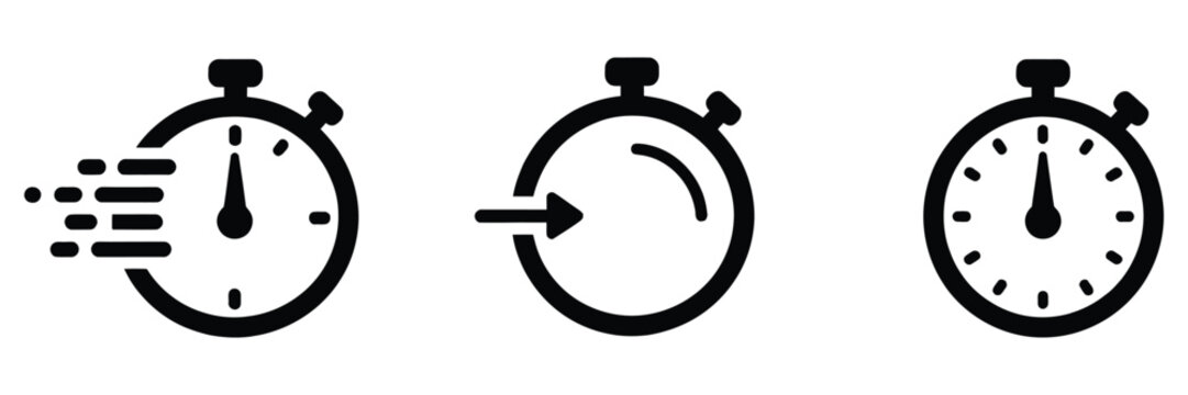 Stopwatch timer icon set, countdown clock symbols, fast time indicators, refresh timer signs, speed measurement icons, alarm clock outline vector illustration.