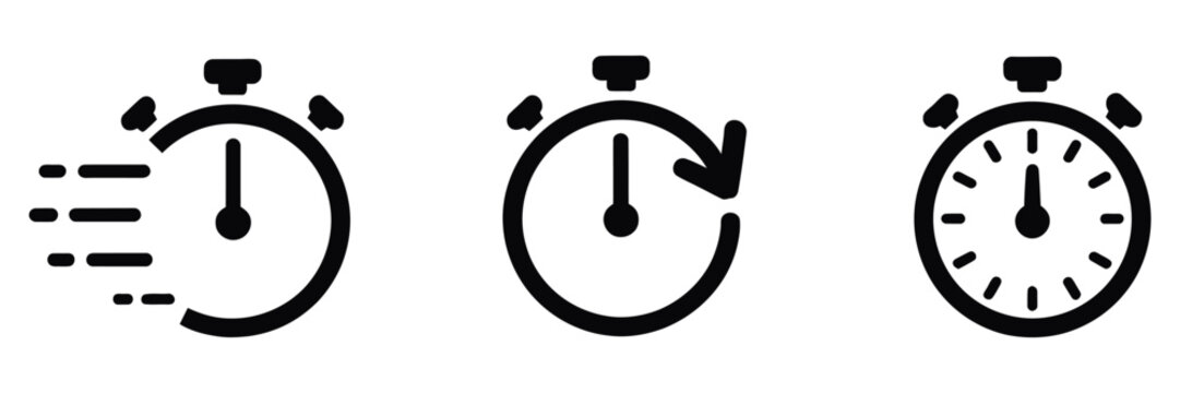 Stopwatch timer icon set, countdown clock symbols, fast time indicators, refresh timer signs, speed measurement icons, alarm clock outline vector illustration.