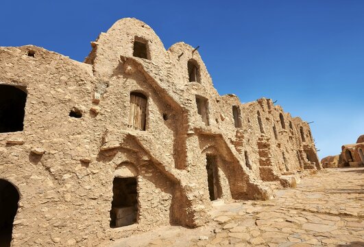 Northern Sahara mud brick Berber ghorfas, Berber grain warehouses, Ksar Hedada or Hadada, near Tataouine, Northern Sahara, Tunisia
