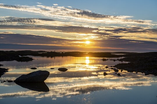 Sunset over the Unesco world heritage site, the Vega Archipelago, Norway