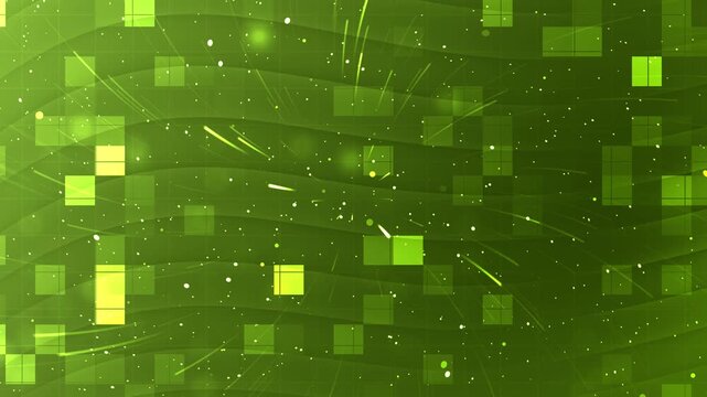 Green digital mosaic geometric motion background light particles glowing lines abstract technical art