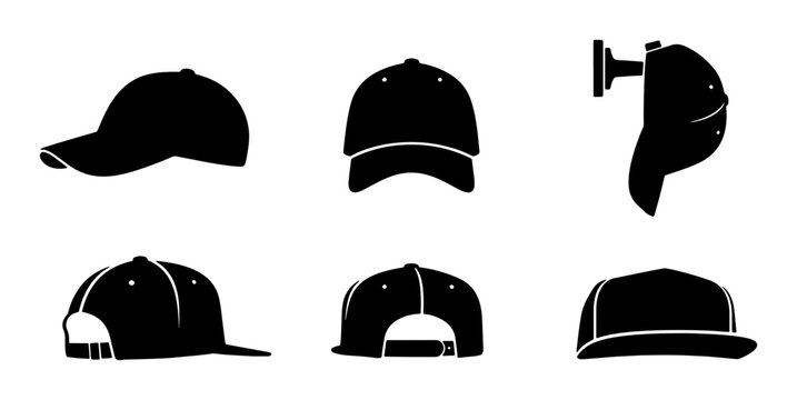 Baseball Cap Icons, Six Black Silhouette Views of Headwear for Sports and Casual Fashion, Vector Graphics