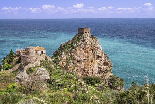 Castello di Sant Alessio Siculo over the sea, Forza d Agro, east coast, Sicily, Italy