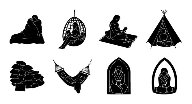 Cozy Relaxation Icons, Comfort Scenes, Leisure Activities, Reading Nooks, Vector Set