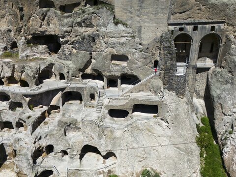 Close-up of caves in the rock with recognisable details such as entrances and stone steps, aerial view, cave town, cave monastery, Vardzia, Vardzia, Samtskhe-Javakheti region, Samtske Javakheti, Lesser Caucasus, Georgia