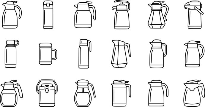 Black and White Line Art Icons of Various Thermos Bottles, Pitchers, and Jugs for Food and Drink