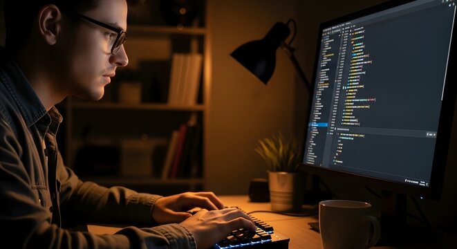 Software Developer Coding on Computer at Night in Dark Office Room