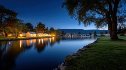 Fototapeta premium A tranquil lakeside resort at dusk, with illuminated cabins reflected in the calm water and a large tree silhouetted against the twilight sky