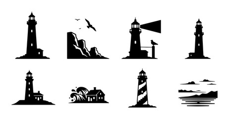Nautical Lighthouse Silhouettes Collection, Coastal Navigation Beacons, Maritime Safety Symbols, Seaside Landmark Icons, Vector Graphics for Marine Themes © Nusracct