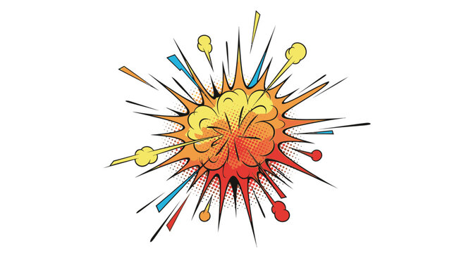Vibrant cartoon explosion burst illustration with dynamic comic book style, featuring colorful radiating lines and smoke, perfect for impact, energy, and surprise effects.
