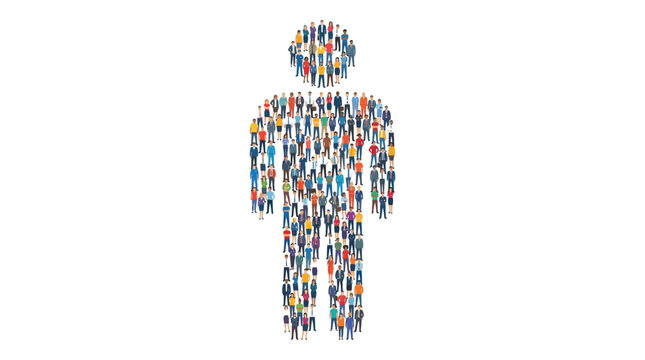 Large group of diverse people standing together to form the shape of a single human figure representing unity and community teamwork in a flat graphic style isolated on white background