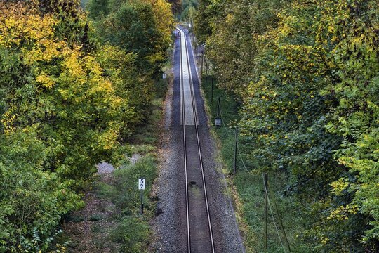 Single-track railway line, symbolic image of public transport in rural areas, view from above, H&ouml;xter, Weserbergland, North Rhine-Westphalia, Germany