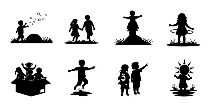 Children Silhouettes Collection, Playful Kids Vector Icons, Childhood Activities Set, Outdoor Fun Graphics, Black and White Simple Figures